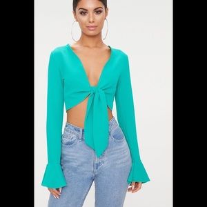 PrettyLittleThing Bell Sleeve Crop Green Top